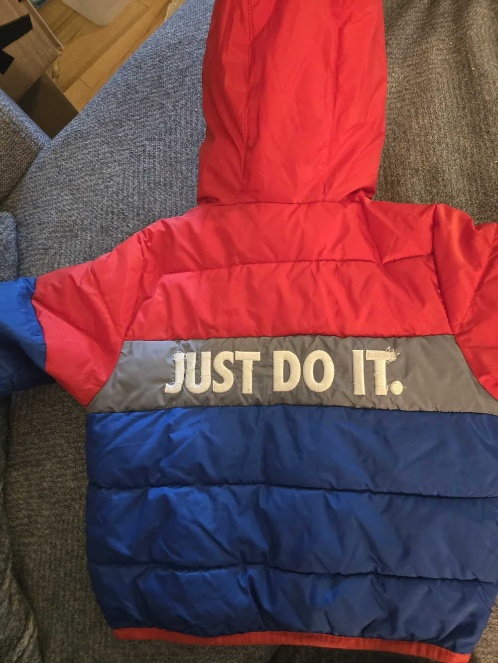 Nike Kids Red, Blue & Gray Hooded Puffer Jacket
